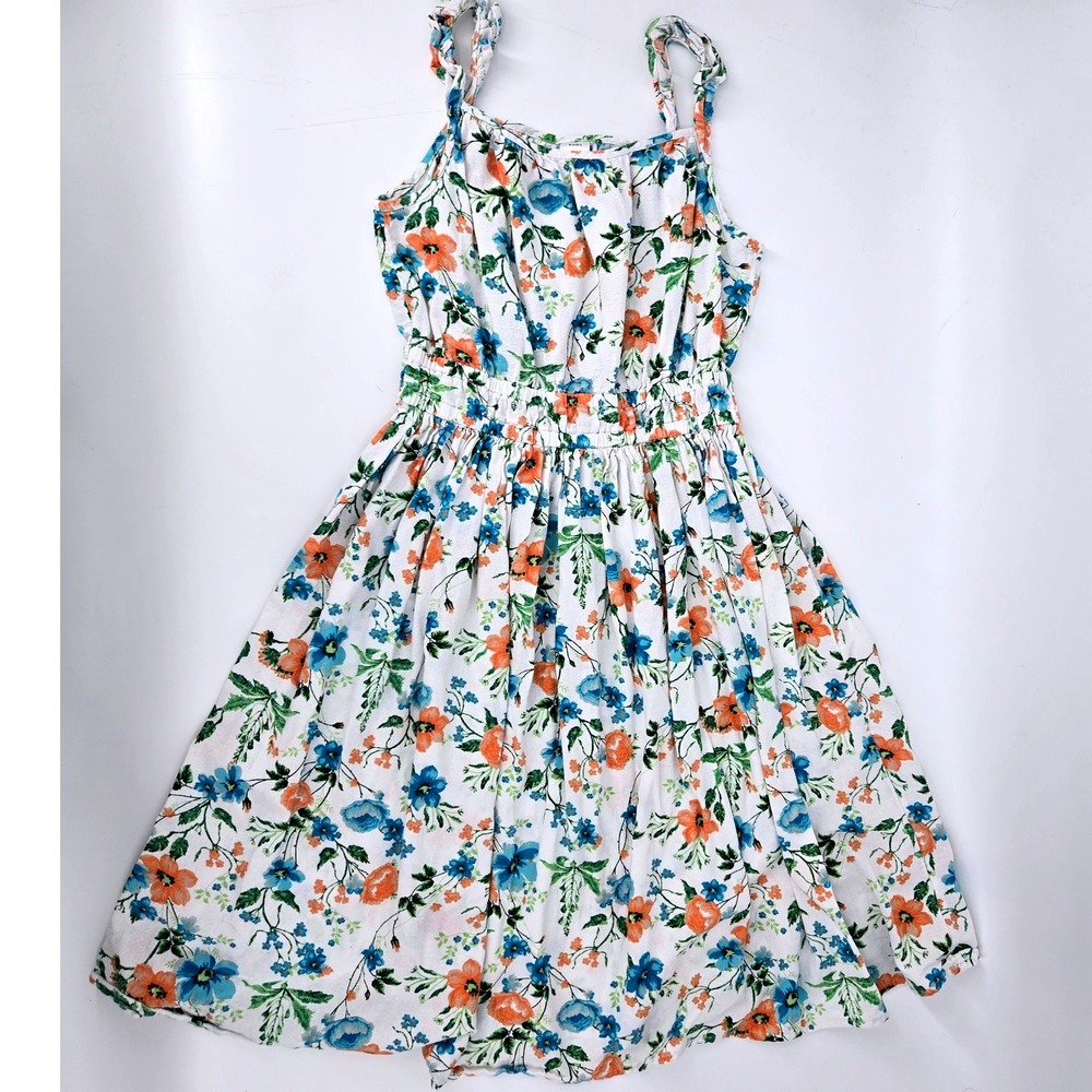 Peyton‎ & Parker Blue Orange Floral Cotton Tie Shoulder Midi Dress M 10-12